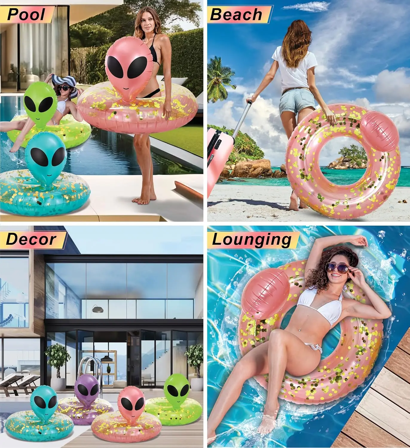 Inflatable Alien Pool Float Tube Heavy Duty ไวนิล UV Confetti สระว่ายน้ํา Alien Floatie Cool Pool Float แหวนว่ายน้ํา Pool Inflat