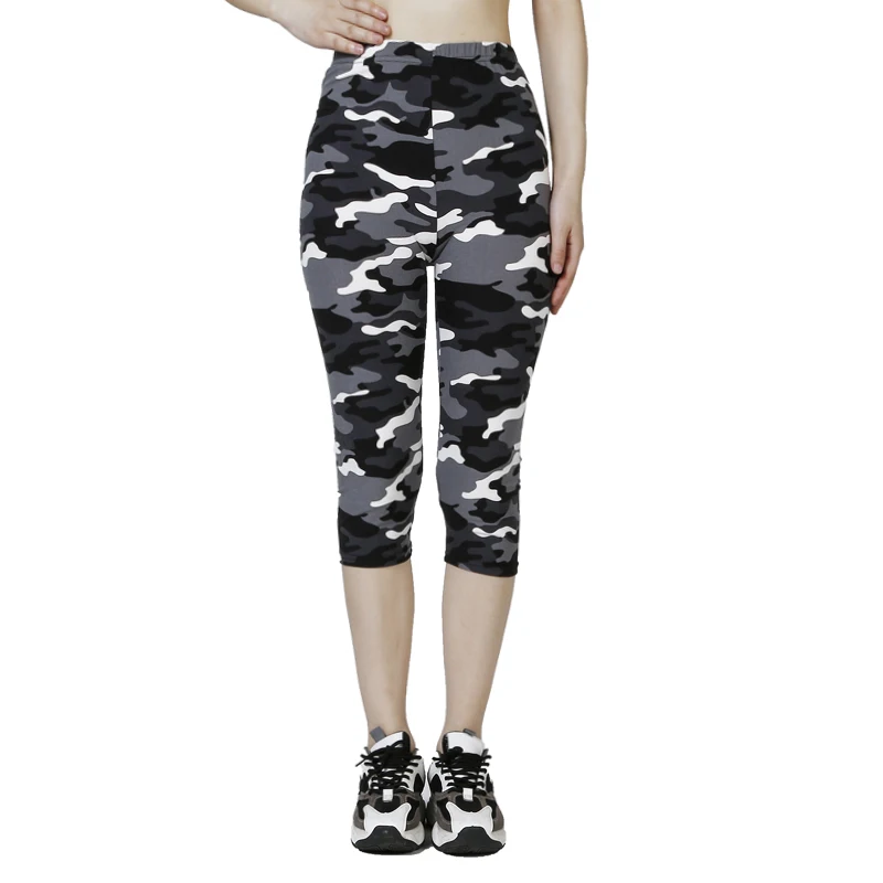 QR73 Summer Printed WOMEN\'S Leggings Casual Stretch Camouflage White Gray Cropped Pants