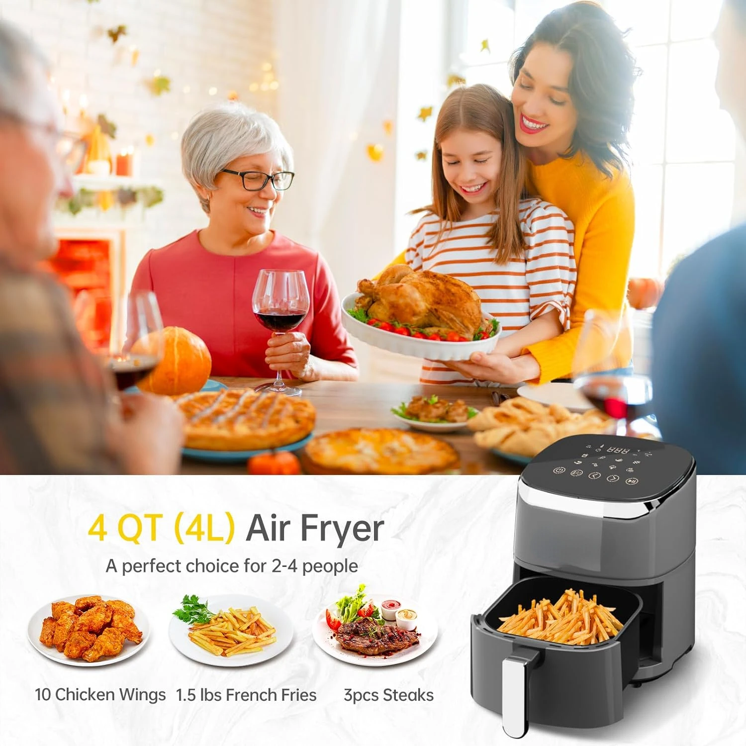 Freidoras de aire 4 Qt, 9 programas de cocina inteligentes personalizables, freidora de aire compacta, recordatorio de vibración, potente cocina sin aceite de 1550W, Temper