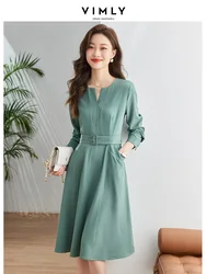 Vimly French Vintage Belt Dresses for Women 2023 Spring Elegant Slim V-neck A Line Long Sleeve Pockets Solid Green Midi Dress