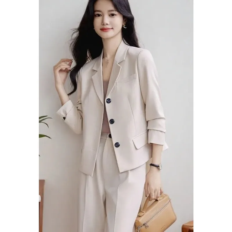 

Women's Beige Cropped Blazer with Notched Lapel Pockets and Rolled Sleeves