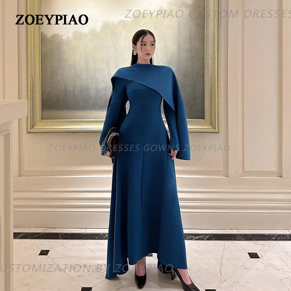 

Elegant Simple Navy Blue A Line Evening Dresses O-Neck Full Sleeves Custom Side Slit Dubai Korea Women Party Prom Dresses 2024