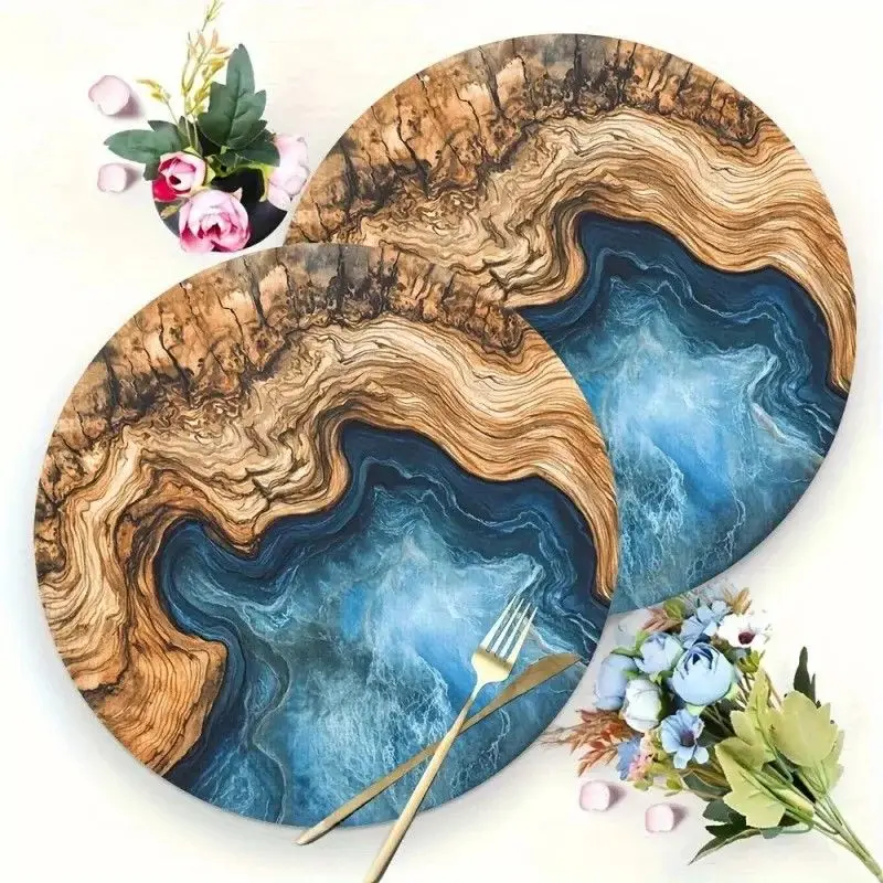 VIKAMA Wood Grain Blue Ocean Resin Art Marble Round Placemats Heat Resistant Washable Non Slip Luxury Dining Table Decor