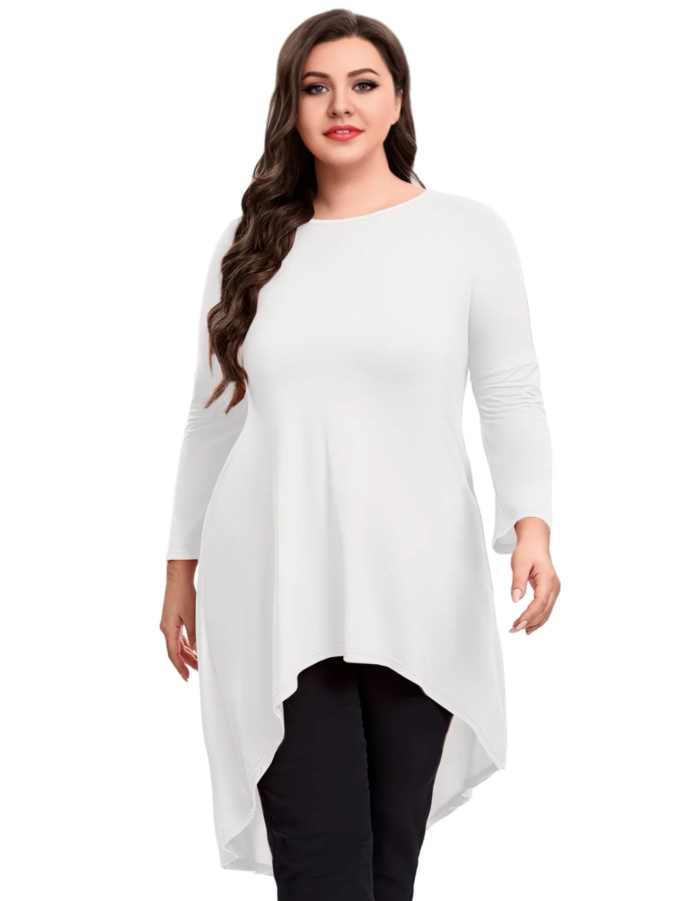 Womens Plus Size Long Sleeve Hi Low Tunic Tops Long Loose Fit Flare Basic Swing Blouse Tops Shirt For Leggings