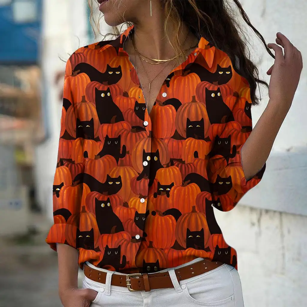Halloween Cute Pumpkin Cat Lantern Cute Ghost Element Women's Clothing Long Sleeve Shirt Print Lapel Button Holiday Party Tops