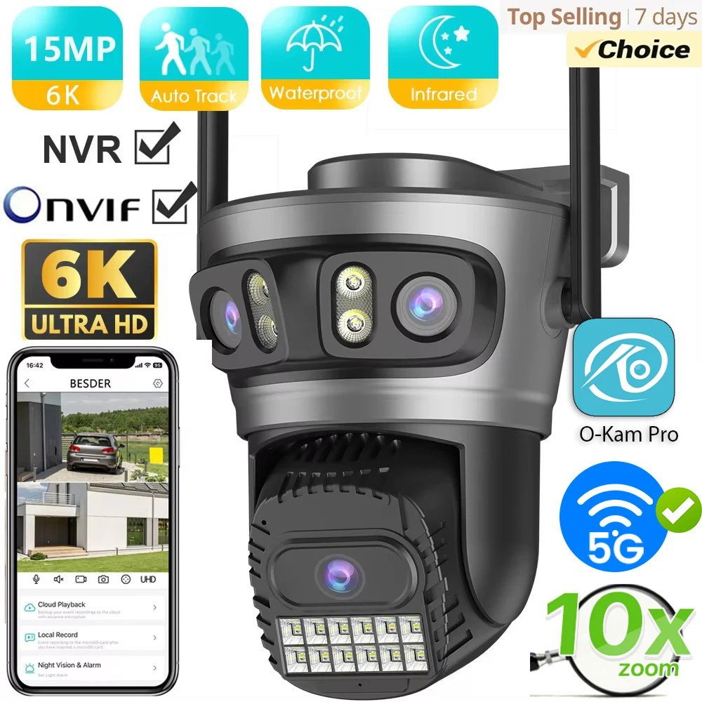 15MP Wifi Camera Outdoor Auto Tracking Multi Screens 10X Digital Zoom PTZ Security Protection CCTV Surveillance O-Kam Pro