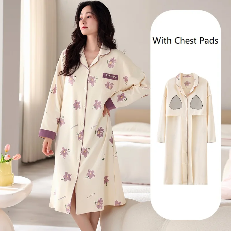 Autumn Lovely Print With Chest Pads Nightdress Long Nightgowns Cotton Casual Tracksuit Pijamas Mujer Lapel Cardigan Sleepwear5XL