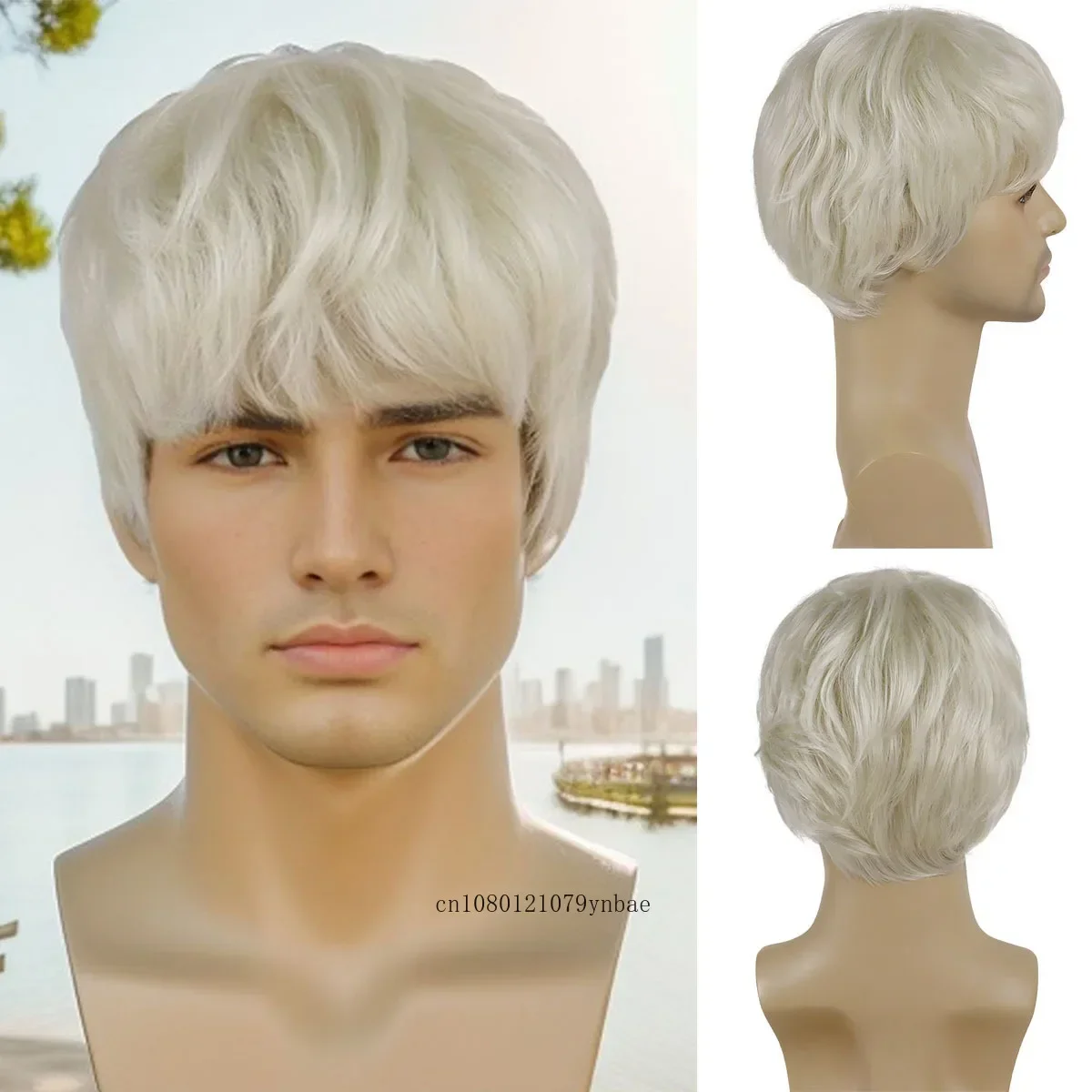 

Синтетический светло-русый парик с челкой для мужчин, короткая стрижка, платиновая блондинка, крутой мужской парик для косплея, термостойкий костюм для вечеринки