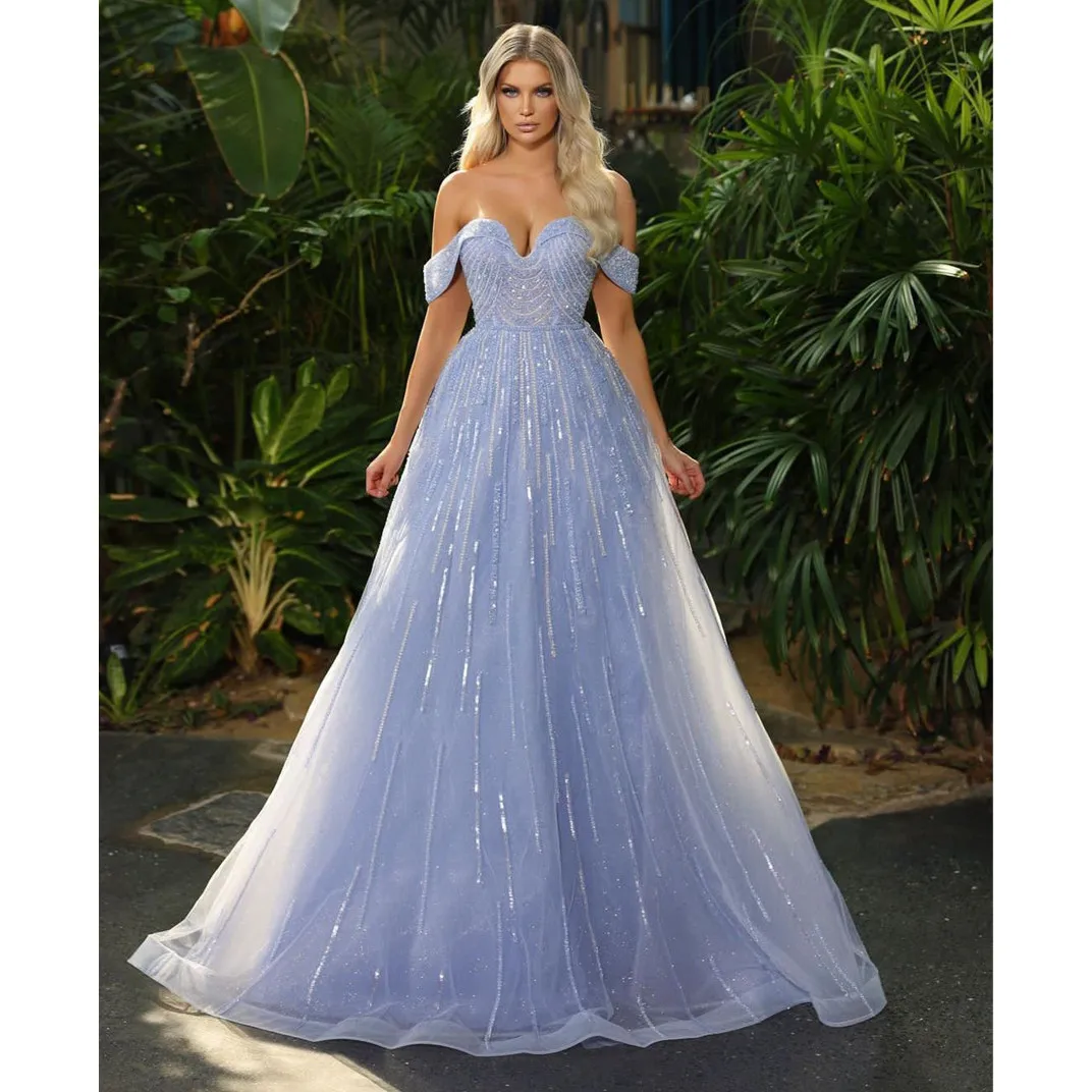 Blue A-line Evening Dresses V Neck Sleeveless Off Shoulder Sequins 3D Lace Ruffles Beaded Appliques Prom Dresses Custom Made