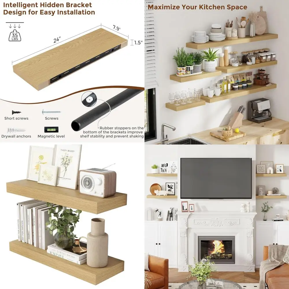 

Пара из 24 дубовых настенных полков, 8 глубоких плавающих стеллажей в деревенском стиле со скрытыми кронштейнами для домашнего декора