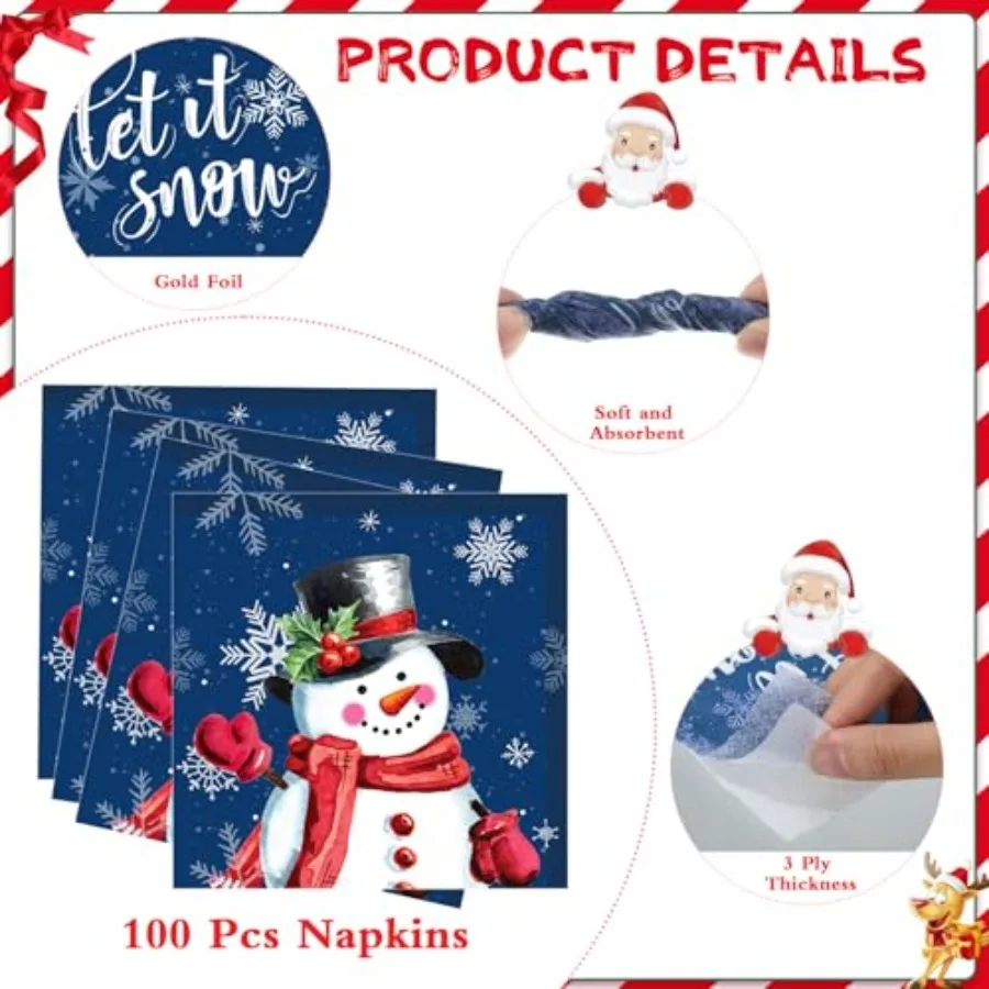100 Pcs Christmas Snowman Paper pkins Winter Snowflake Cocktail pkins Holiday Let It Snow Beverage pkins for Xmas New Year Fami