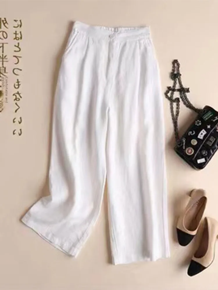กางเกงขายาวเอวสูงผ้าฝ้ายลินินทรงขากว้างลำลองทรงตรงความยาวเก้าส่วนสำหรับผู้หญิง สไตล์ลำลอง เหมาะสำหรับใส่ไปทำงาน ดีไซน์เก๋ไก๋