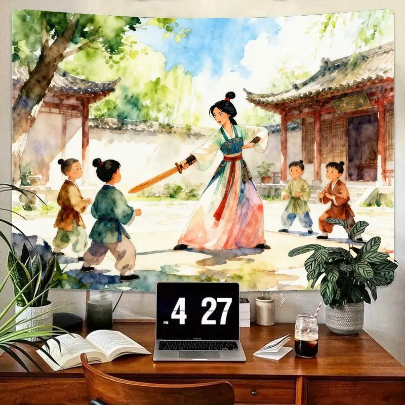 

1 шт., китайский акварельный гобелен, Ханфу, женщина, обучение боевых искусств, настенное искусство, спокойная азиатская культура, полиэстер, домашний декор, подарок