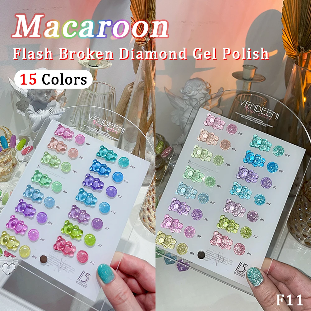 Vendeeni 15 Farben/Set Glitzer-Broken-Diamond-Gel-Nagellack Semi-Permanent Macaron Flash UV Soak-Off Gel-Lack mit Display – Detail 5