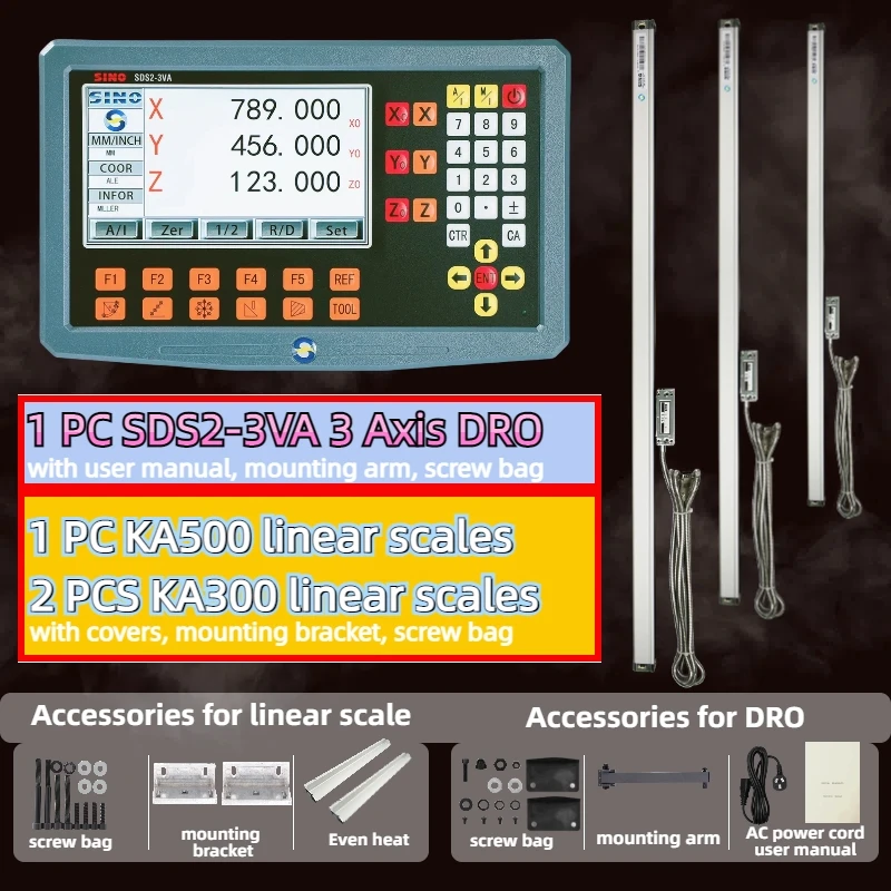 High Accuracy 3 Axis LCD DRO Set Digital Readout and 3 Pieces 0-1000mm 5um Linear Scale Encoder Sensor for Milling Lathe Turning
