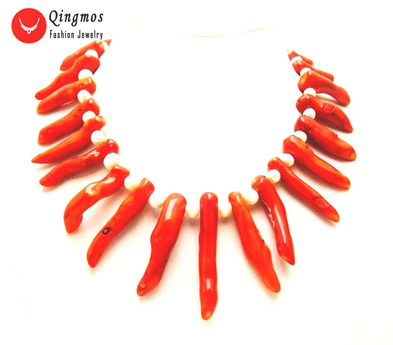 Qingmos 30-50mm Branch Natural Red Coral Necklace for Women with Natural 7-8mm White Pearl Necklace Jewelry 18