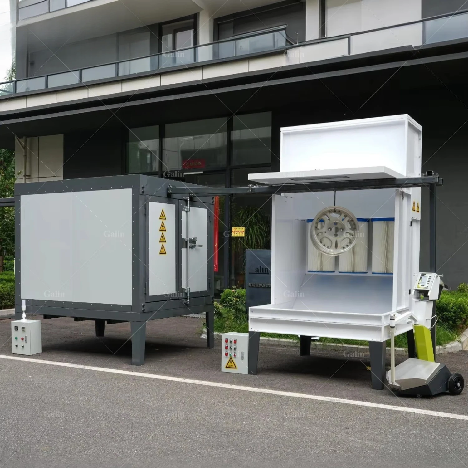 Galin Manual 4 Wheel Hub Powder Coating System with Curing Oven Cartridge Filter Booth for Car Alloy Rim Refinishing Workshop