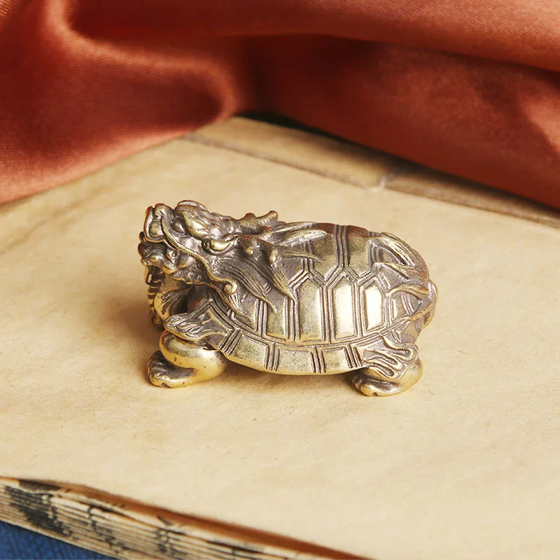 Pure Brass Vintage Dragon Turtle Desktop Ornament Lucky Beast Tea Pet Decoration Antique Miscellaneous Old Bronzeware