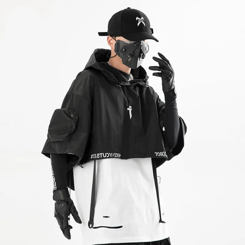 2026 Techwear Style Hip Hop Cropped Jacket Pullover Mens Punk Motorcycle Hooded Cloak Multi-pockets Jaqueta