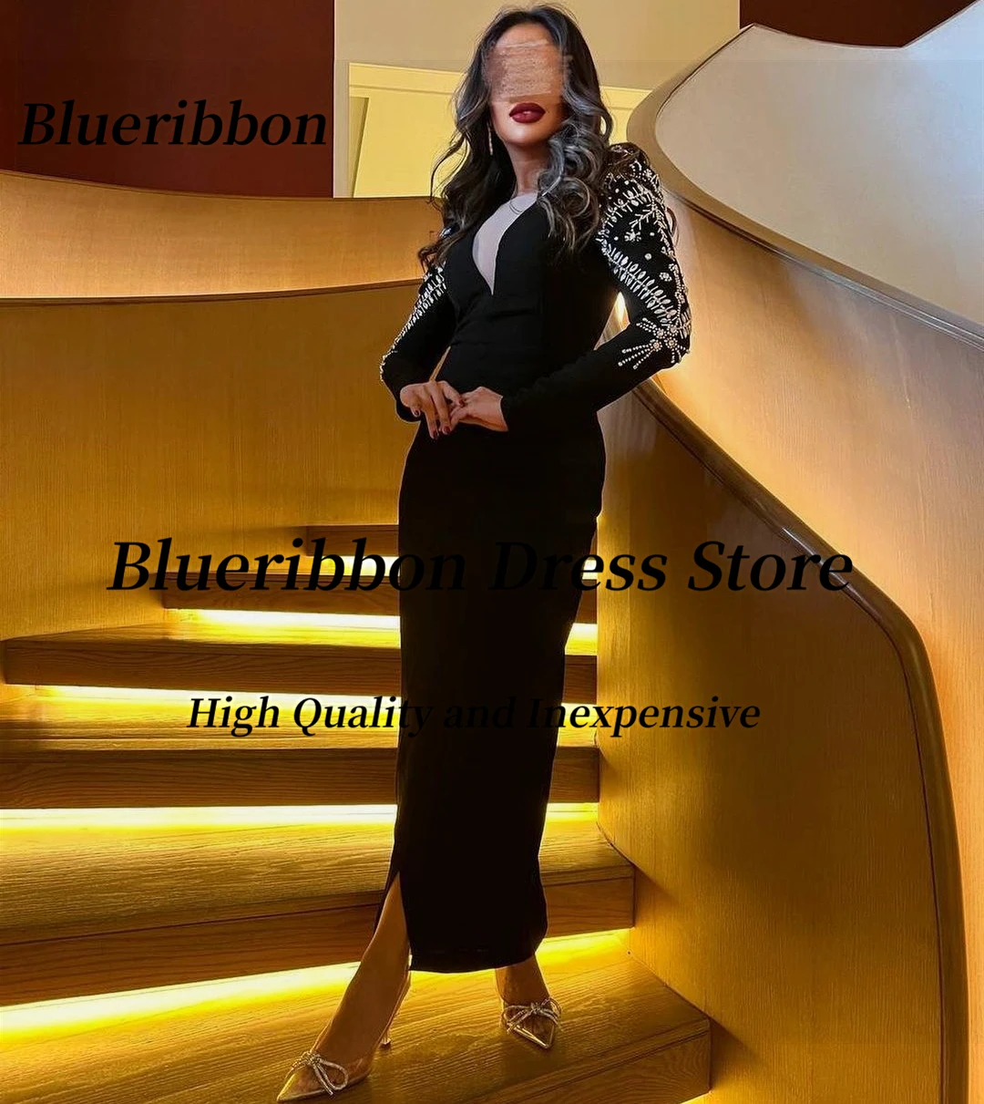 Blueribbon Black Ankle Length Dresses for Evening Banquet Sheer V Neck Bead Crysrals Long Sleeves Prom Dress Saudi Arabia Party