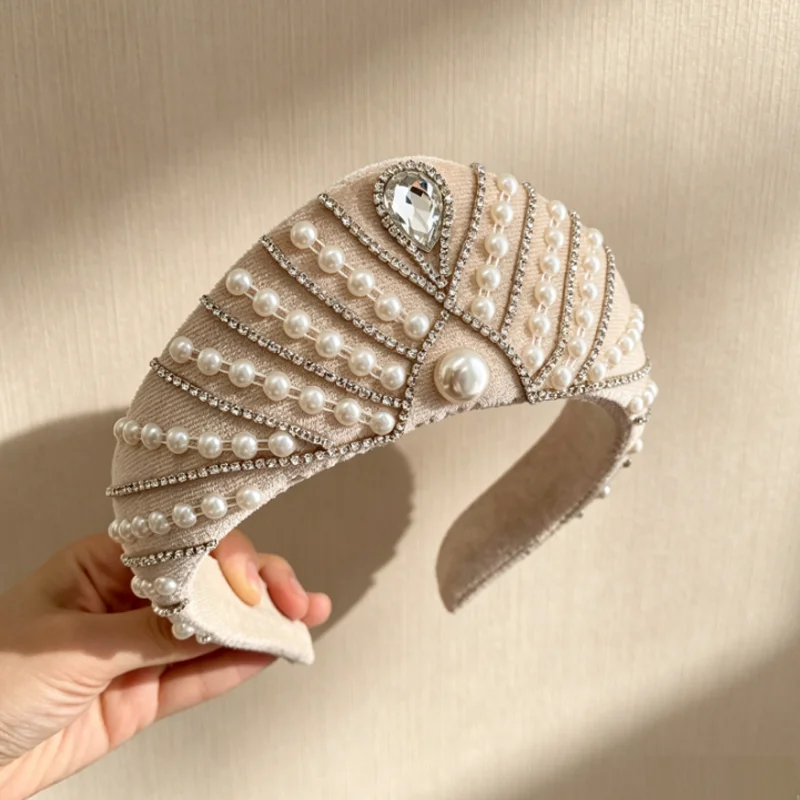バロック様式の宮殿風、王冠、ヘッドバンド、ダイヤモンド、パール、三角形のティアラ、ヘアバンド、ベルベット製の幅広ヘアフープ、女性用、結婚式やパーティー用のヘアアクセサリー。