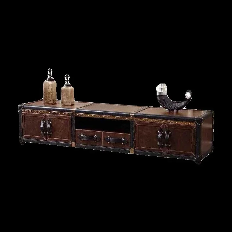 A  Css03 American medieval floor-to-ceiling TV cabinet French retro rivet aluminum leather living room with drawers long cabinet