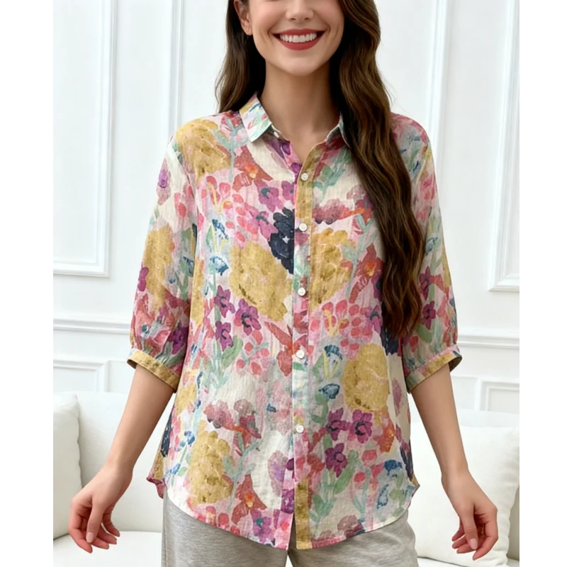 เสื้อแฟชั่นสปริงซัมเมอร์ลำลองลายดอกไม้พิมพ์ลายหลวมๆ เสื้อเชิ้ตผู้หญิงแขนสั้นปกเสื้อแบบเรียบง่ายสไตล์หวานๆ เหมาะสำหรับใส่ไปทำงาน