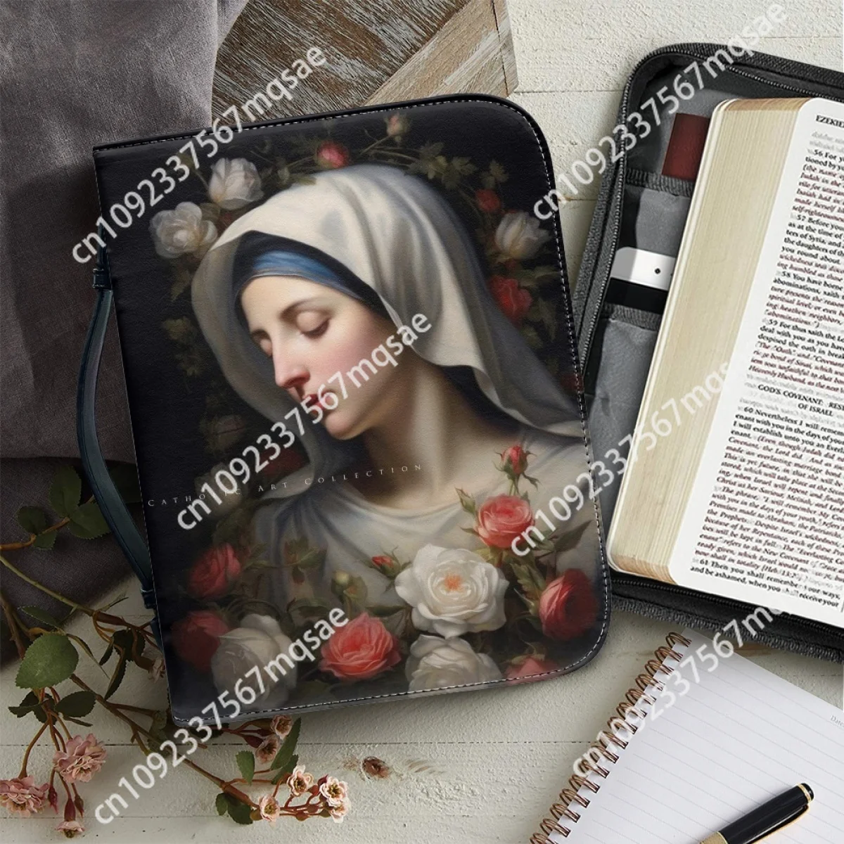 

Fashion New Bible Cover Case for Women Hot Virgin Mary Pattern Print Handbags Zippered Handle Portable Bible Storage Bags Custom