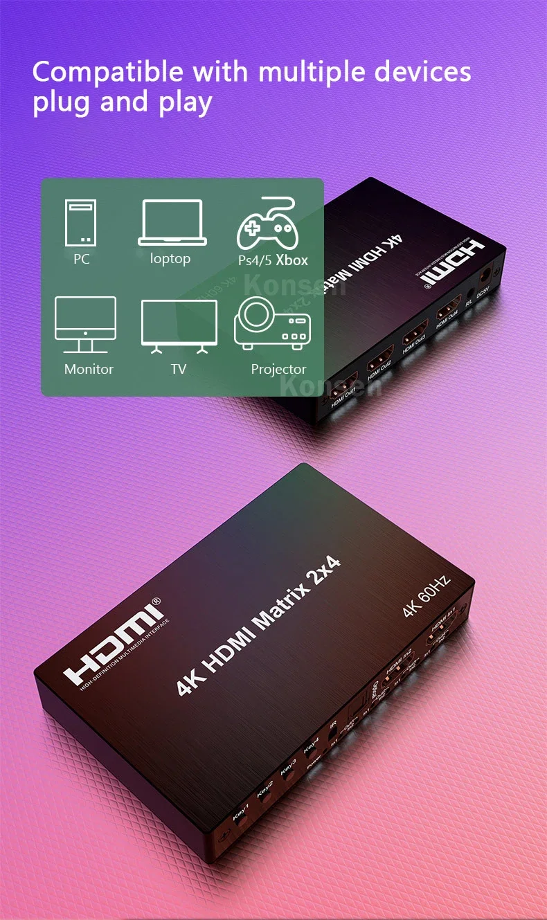 4K 60Hz HDMI Matrix Switch 2x4 4x2 Matrix HDMI Switch Splitter 2 in 4 out with R/L Audio Extractor Video Audio Switch Converter