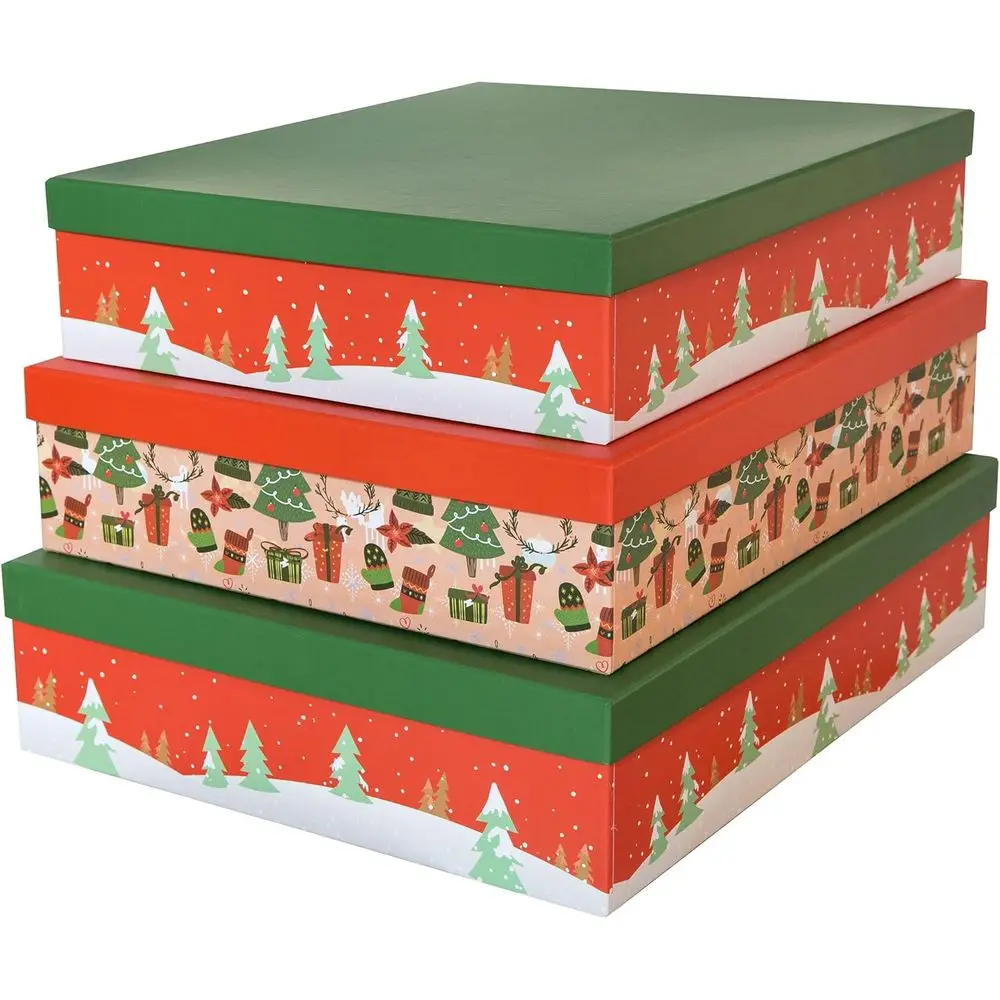 

Набор из 3-х штабелируемых рождественских картонных коробок с крышками для хранения подарков и праздников красного и зеленого цвета.