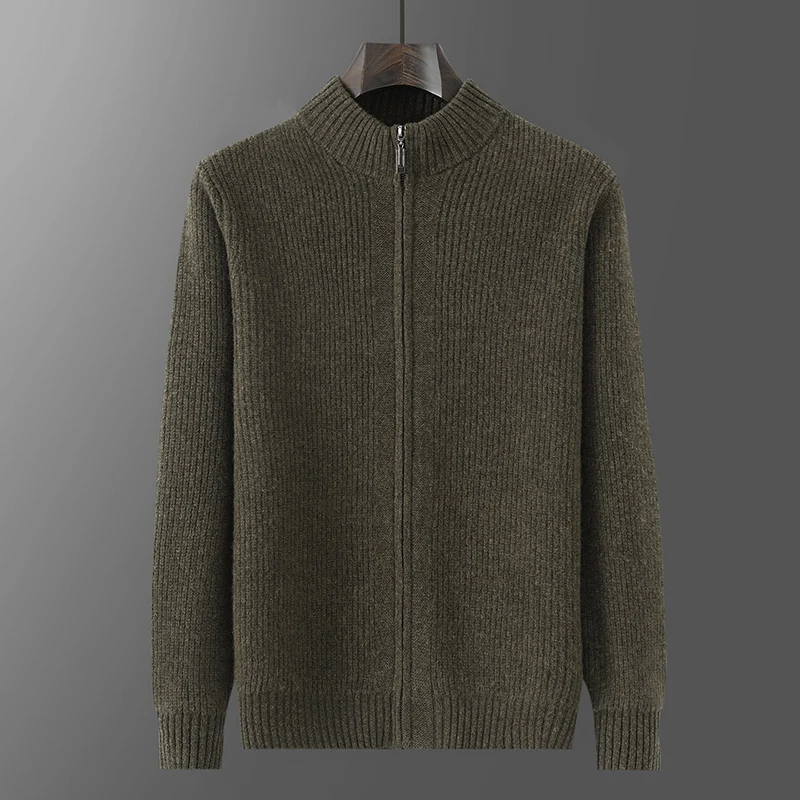 

Мужские шерстяные кардиганы, осенне-зимний толстый свитер с воротником-стойкой, кашемировый трикотаж из 100% мериносовой шерсти, удобное повседневное простое пальто на молнии