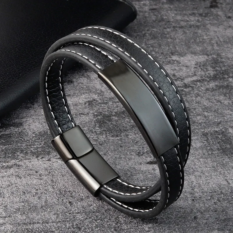 High Quality Fine Jewelry Classical Double Genuine Leather Elegant Men's Bracelets Trend 2024 Stainless Steel