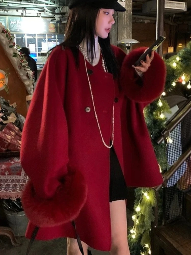 2025 nouveau automne hiver vêtements femmes mi-long col rond véritable fourrure de renard manchette laine veste femme ample chaud cachemire laine manteau