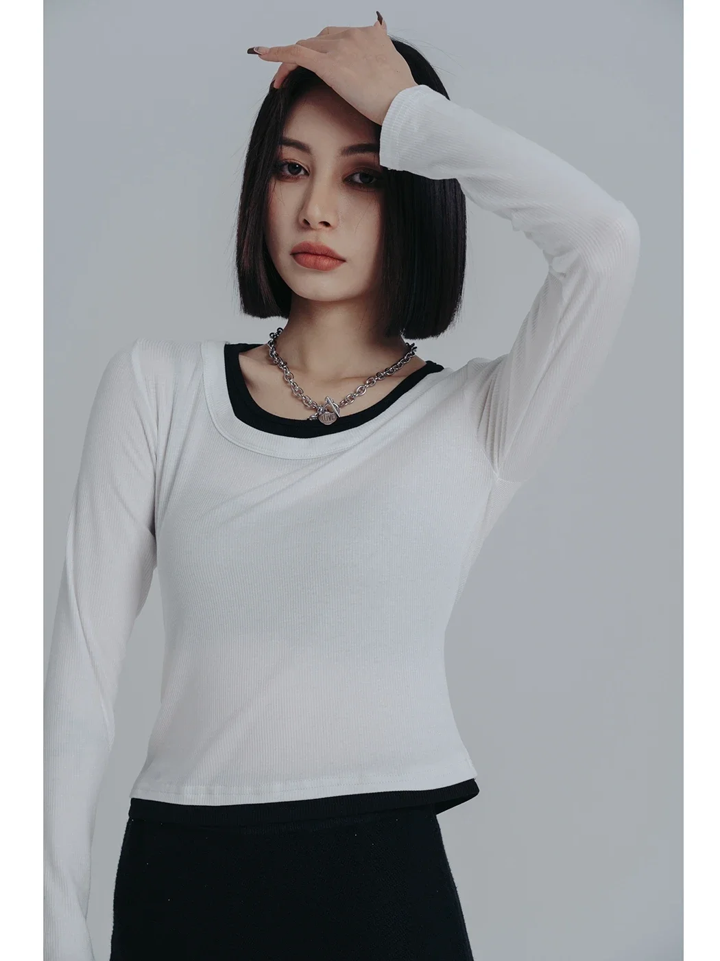 Cakucool Personality Basic Women Korean Slim Fake Two-piece Tshirt Long Sleeve Short Bottom T-shirt Comfortable Cotton Tee Tops