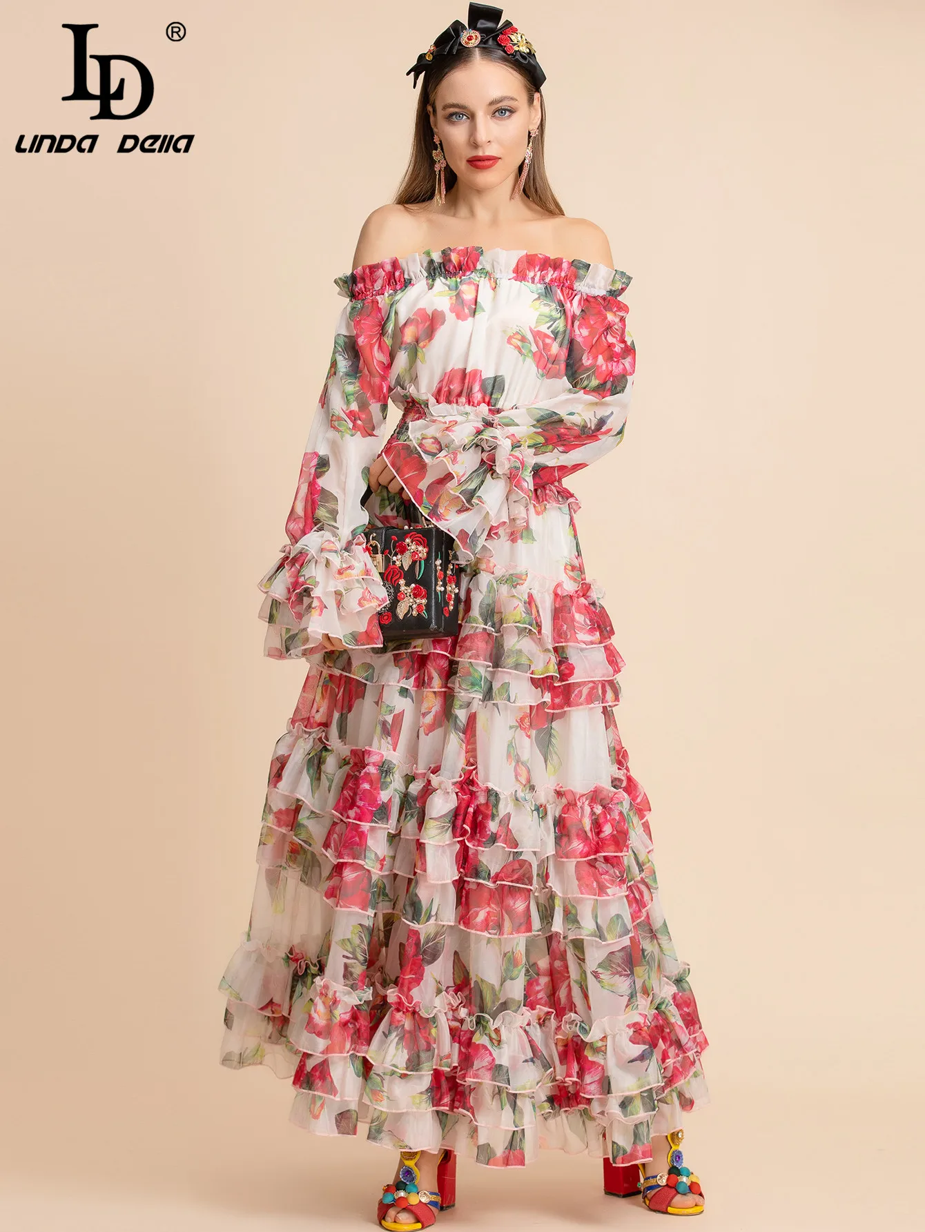 LD LINDA DELLA 2022 Women's Gorgeous Party Long Dress Summer Bohemia Flower Print Cascading Ruffle Elegant Vacation Maxi Dress