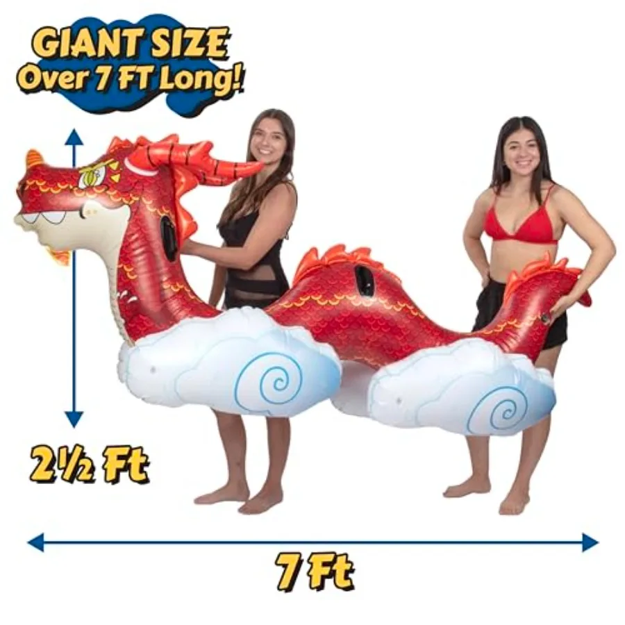 Giant Dragon Pool Float for backyard, beach, lake, pool party use; heavy-duty PVC material; blue and red color; 7 FT+ length, s