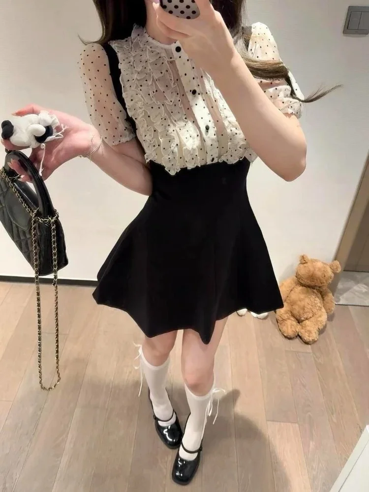 2026 Summer French Coquette Polka Ruffle Short Sleeve Top Black Strap Skirt 2 Piece Set Women Slim High Waist Daily Dat