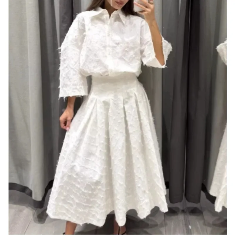 

2026 Women's Fashion Temperament Fringed Feather Shirt Skirt Set