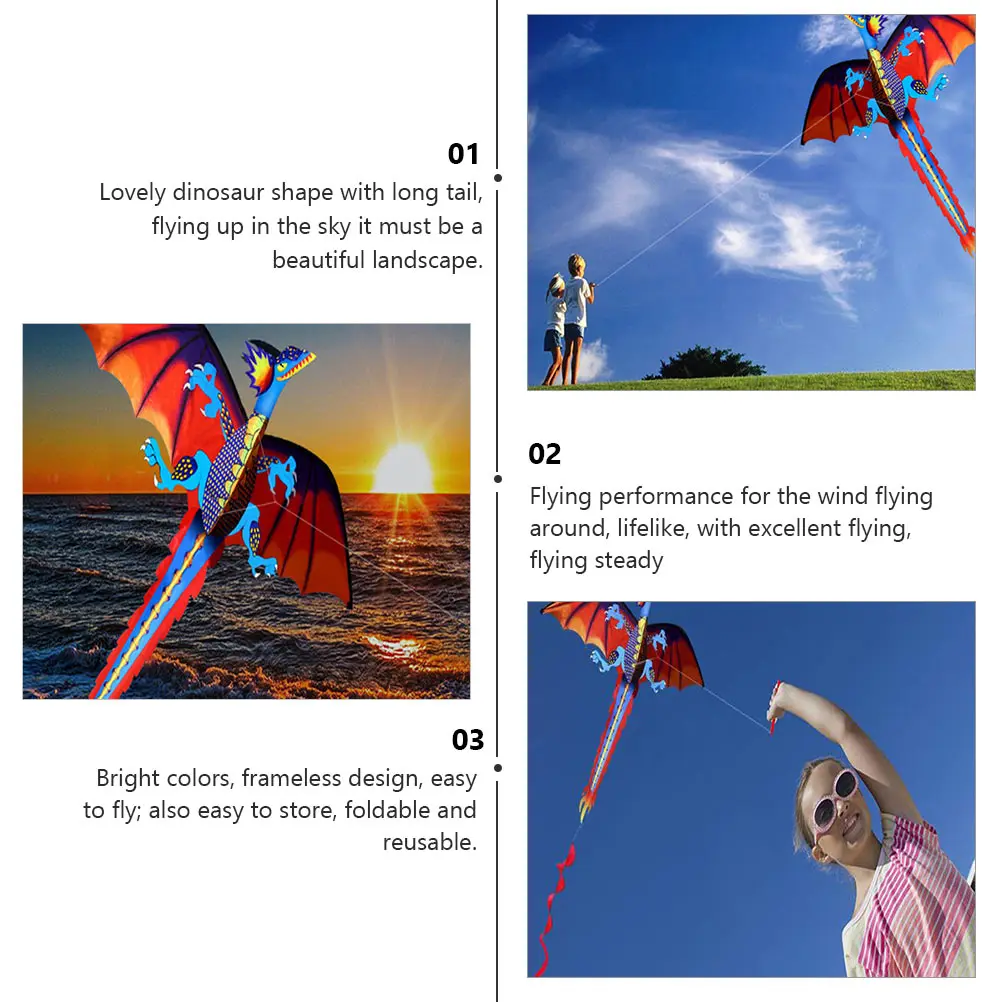 

1 set 1 Set 3D Dinosaur Kite Long Tail Kids Outdoor Easy To Fly Colorful Wind Kite Reusable Foldable Gift For Birthday Christmas