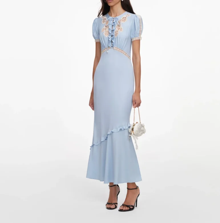 Customized Sky Blue Mermaid Ankle Length Short Sleeve Evening Gowns with Fashion Button O-neck Prom Dress New 2026