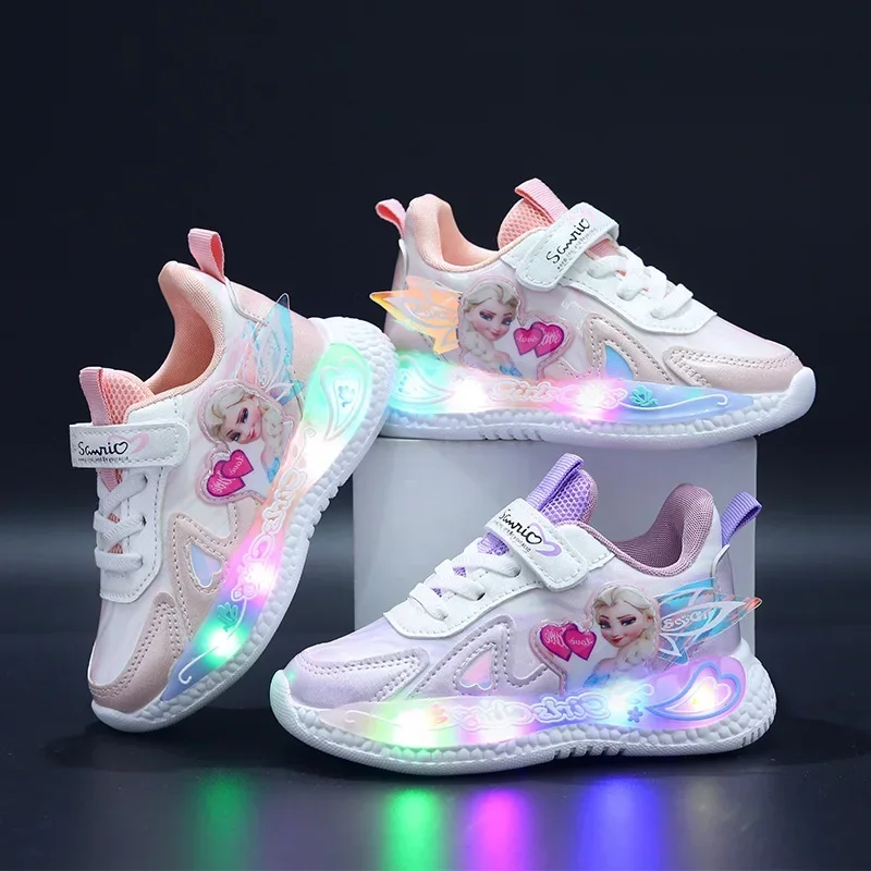 Disney LED Casual Sneakers Pink Purple For Spring Girls Frozen Elsa Princess Print Outdoor Shoes Children Lighted Non-slip Shoes