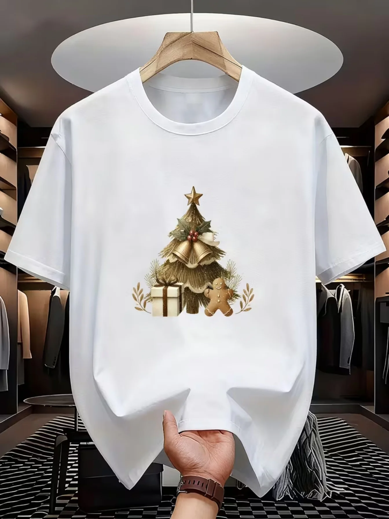 Men's Short Sleeve T-Shirt, Christmas Tree & Gingerbread Man Print, Crew Neck, Festive Xmas Top, Warm Vibe Casual Versatile Tee