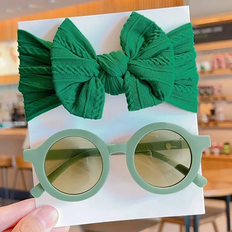 2 Teile/satz Neue Kinder Nette Farben Weiche Bowknot Breite Haarbänder Mode Runde Blume UV400 Sonnenbrille Set Kinder Haar Zubehör – Detail 10