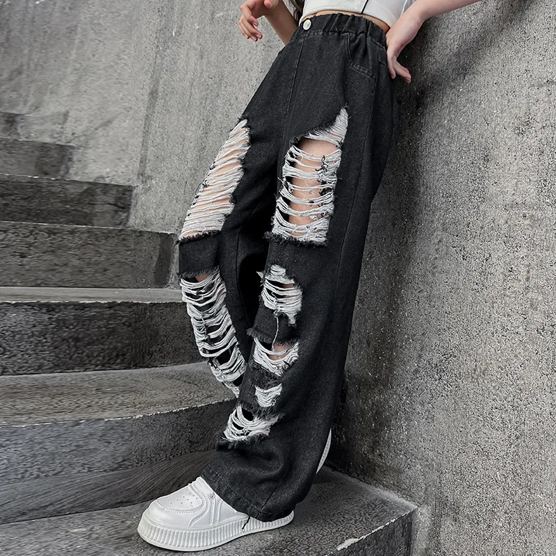 teen Girl Black Jeans 2024 Summer Thin Pop Street Trendy Beggars Hole Broken Straight Narrow Loose Wide Leg Pants pantalon fille