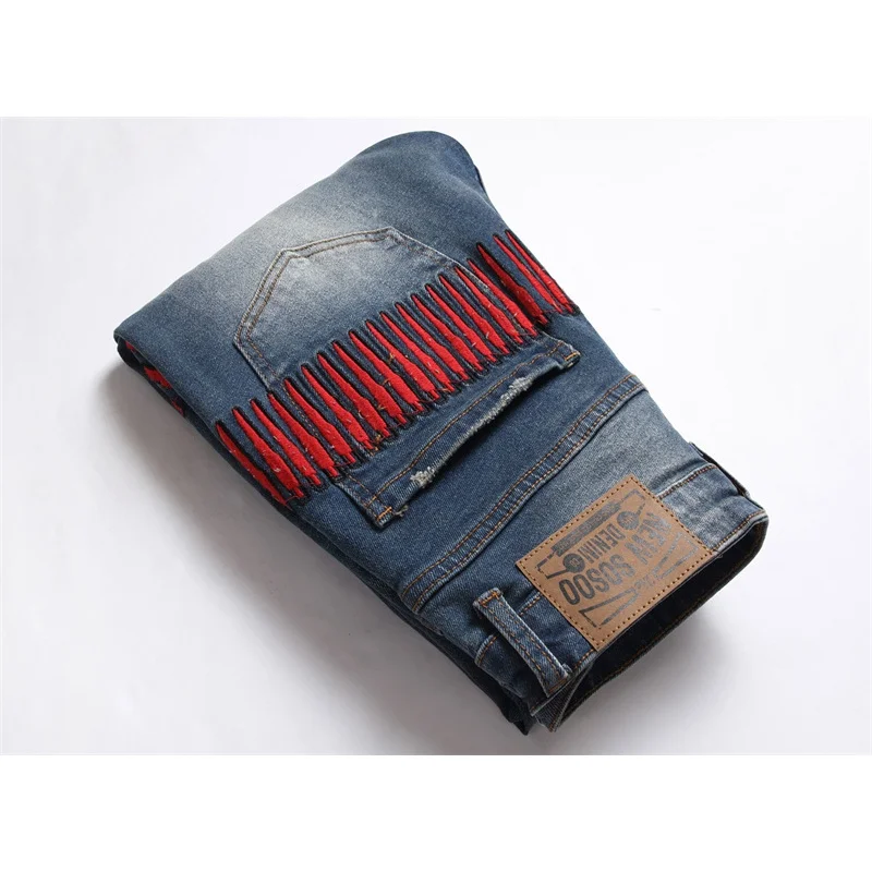 Jeans esfarrapado retrô masculino, bordado personalizado, calças slim fit, pés lavados, calças de alta qualidade, marca de moda de rua