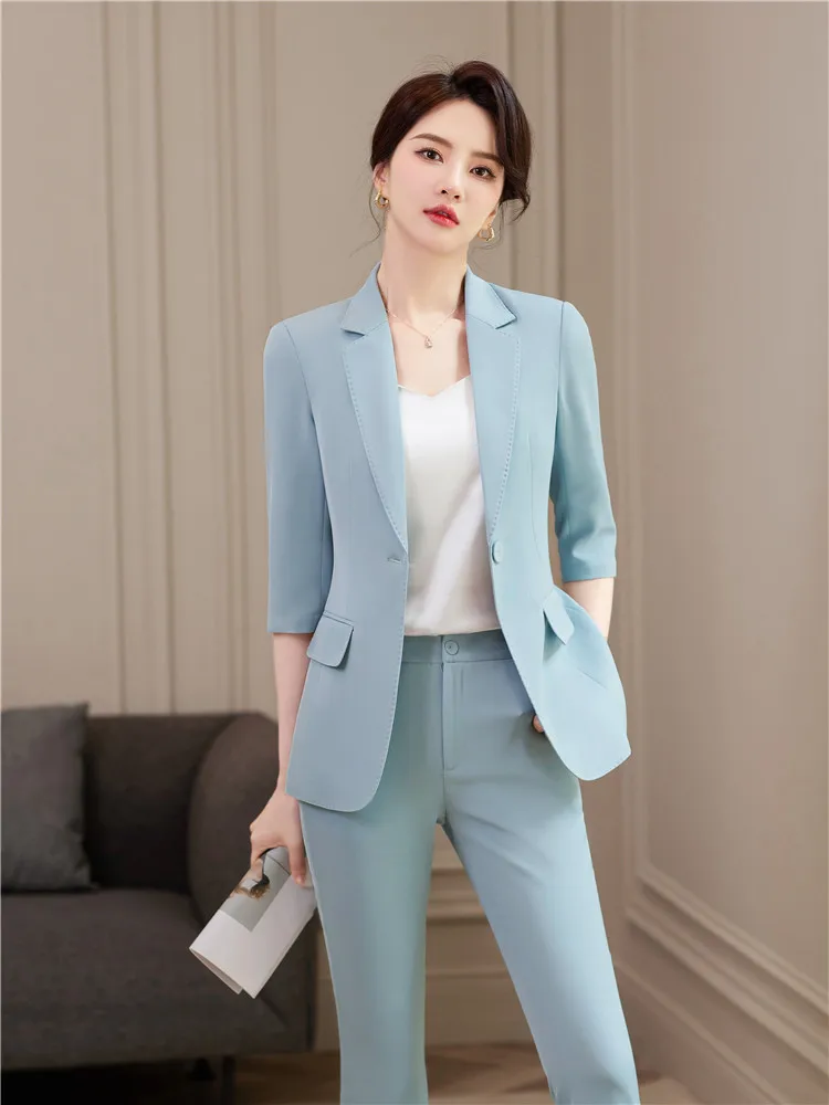 Women\'s Office Suit Blazer Pantsuit Simple Solid Color Suit Collar Blue Half Sleeve Top Flare Trousers Fashion 2 Piece Set