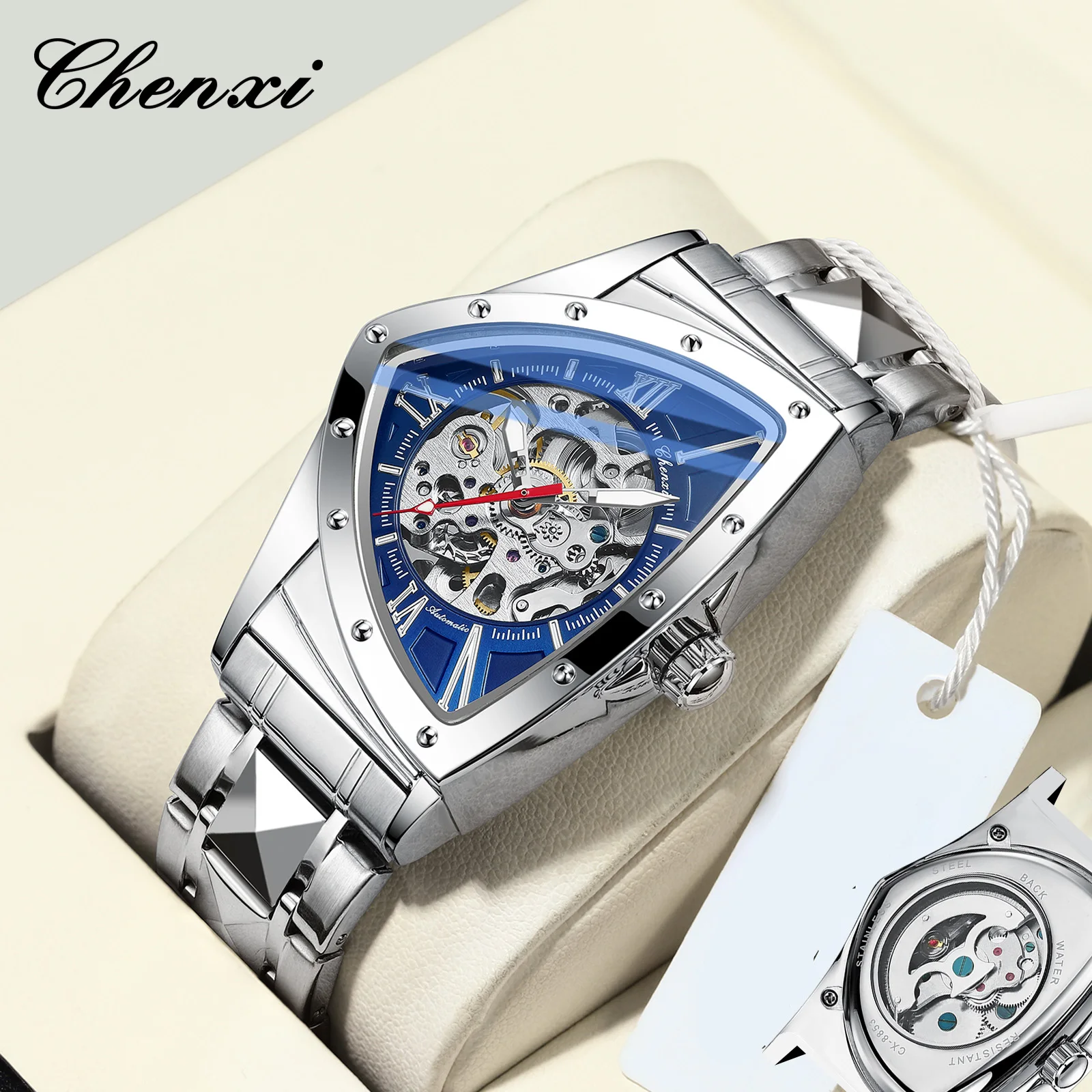 CHENXI ساعة أوتوماتيكية رجل الميكانيكية موضة الهيكل العظمي العسكري جوفاء مقاوم للماء ساعات رياضية للرجال مثلث الهاتفي ساعة اليد