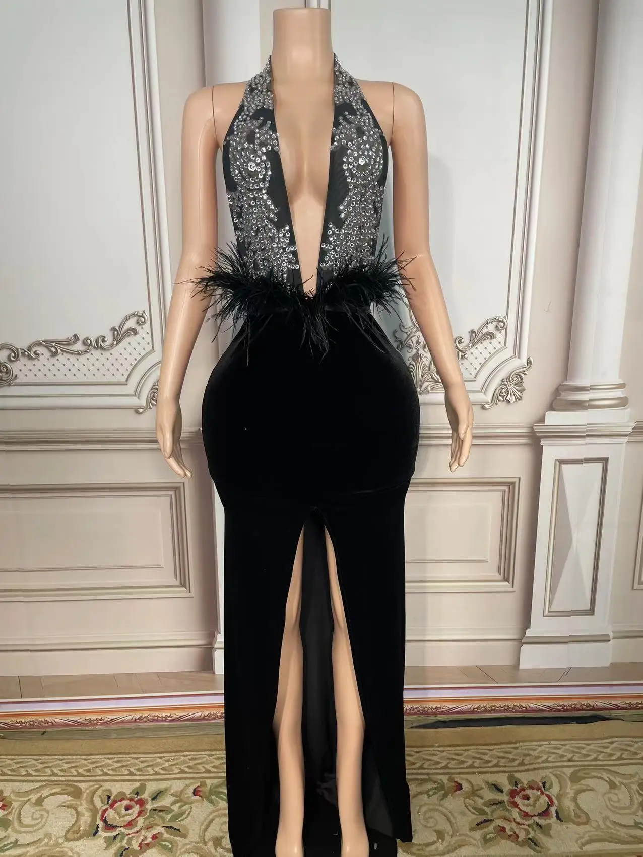 

2022 New Women'S Black Sexy Strapless Diamond Velvet High Split Bodycon Celebrity Club Party Runway Long Dress Vestidos