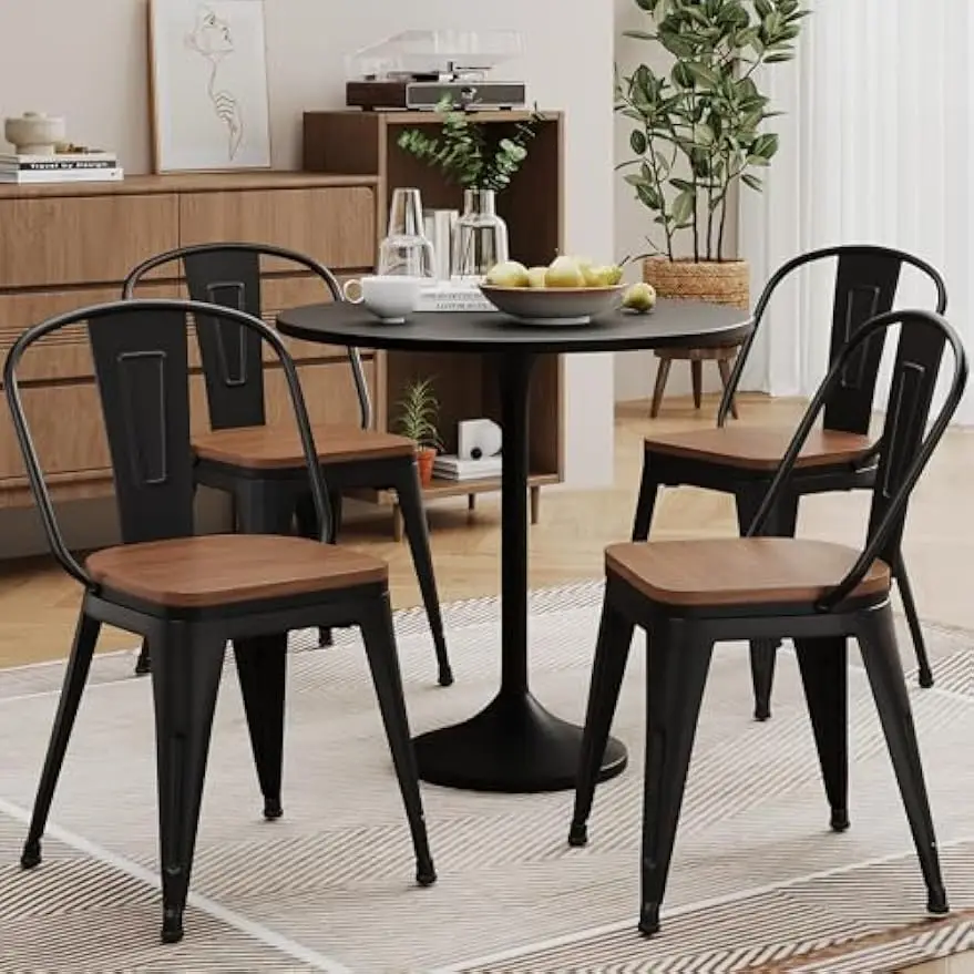 18inch Metal Dining Chair Set of 4 High Back Classic Chic Iron Farmhouse Chairs Industrial Stackable Coffee Stools Bistro Cafe Side Barstools Wood Seat-Black