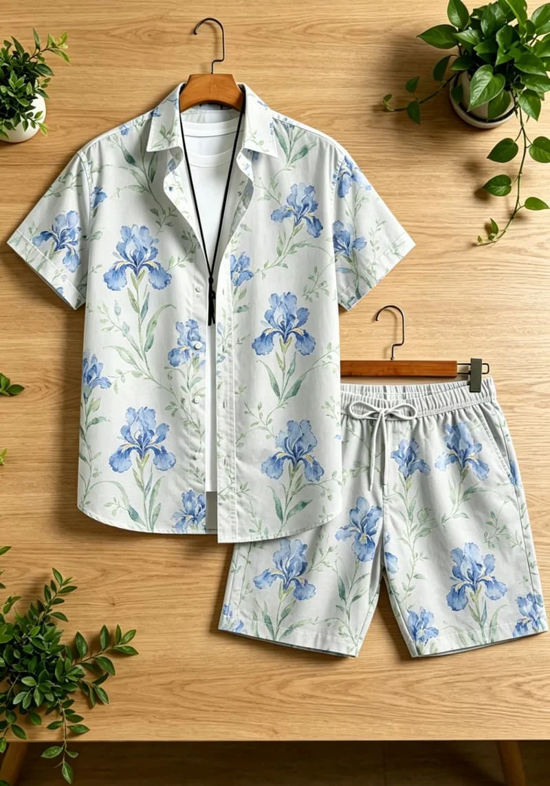 Watercolor Floral Print men's two-piece set, Short Sleeved Shirt And Drawstring shorts, Suitable For All Your Summer Adventures